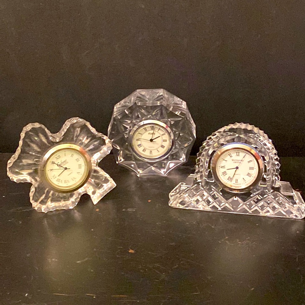 Lot of 3 Galway,Atlantis & Waterford Mini Crystal Clocks